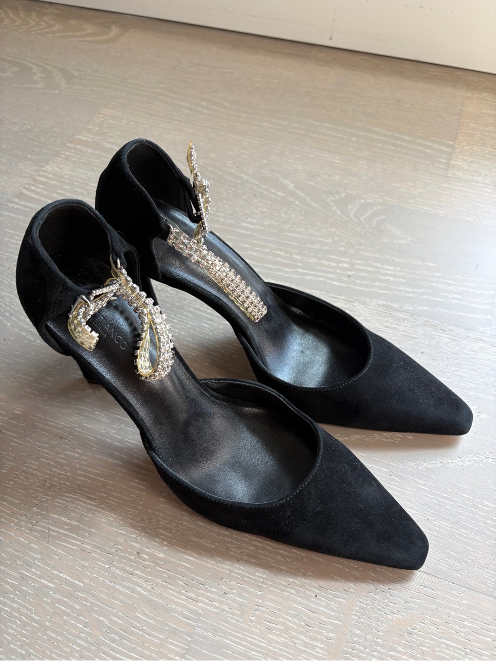 Tony Bianco crystal ankle strap suede heels